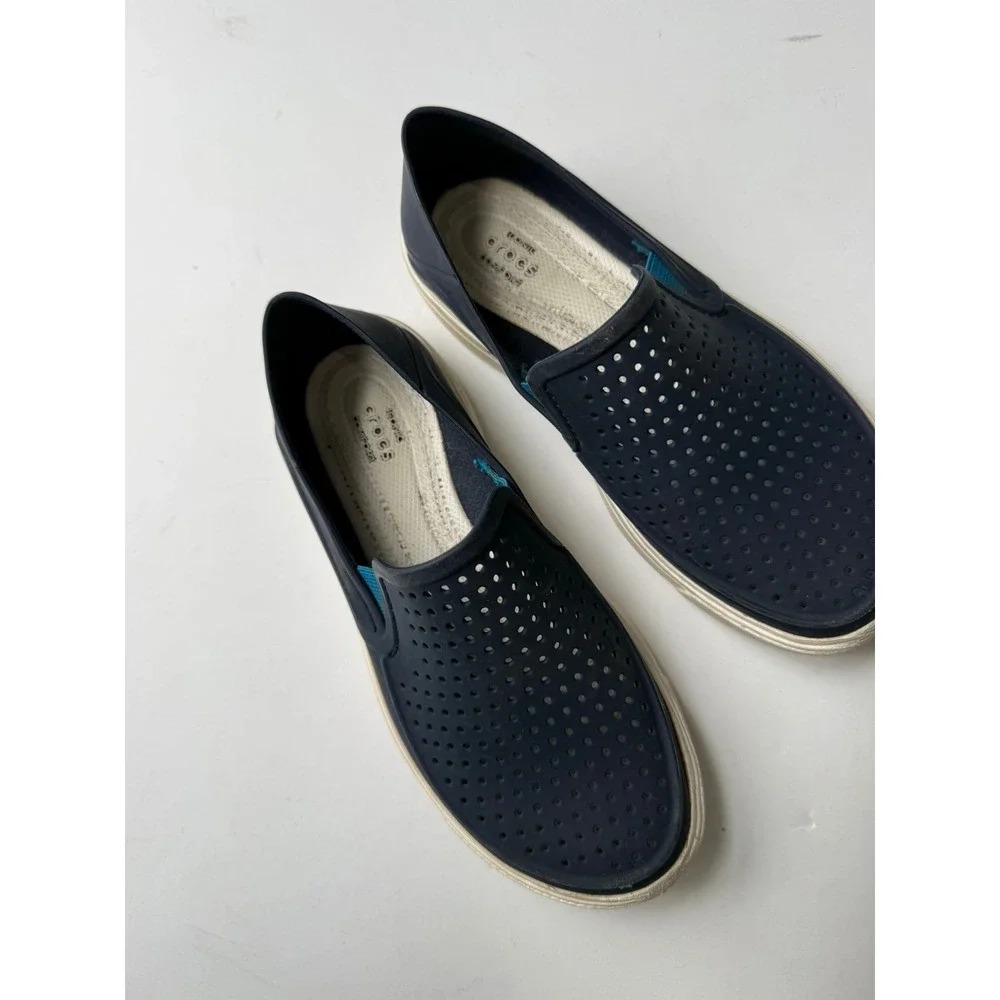 CROCS Youth Boys 12.5 Navy Blue White Perforated Waterproof Slip On Shoes #109